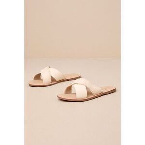 NWOT Lulus Haliea Bone Raffia Flat Slide Sandals White - Size 10